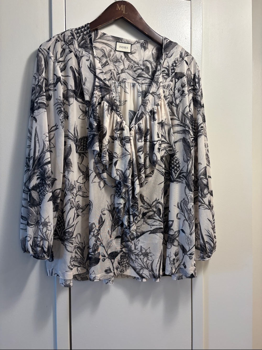 Indies Black & White Floral Ruffle Front Blouse